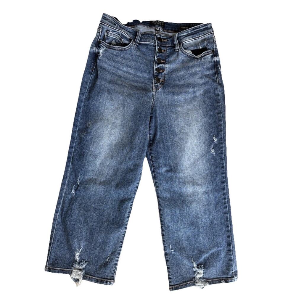 Judy Blue Women’s Wide Leg Crop Jeans Medium Wash Button Fly Size 11/30 Distress
